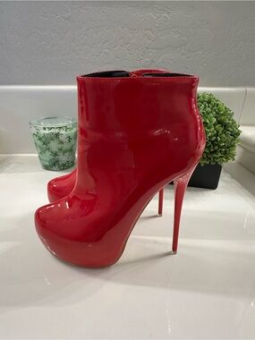 Red Patent Platform Ankle Booties - Women's High Heel